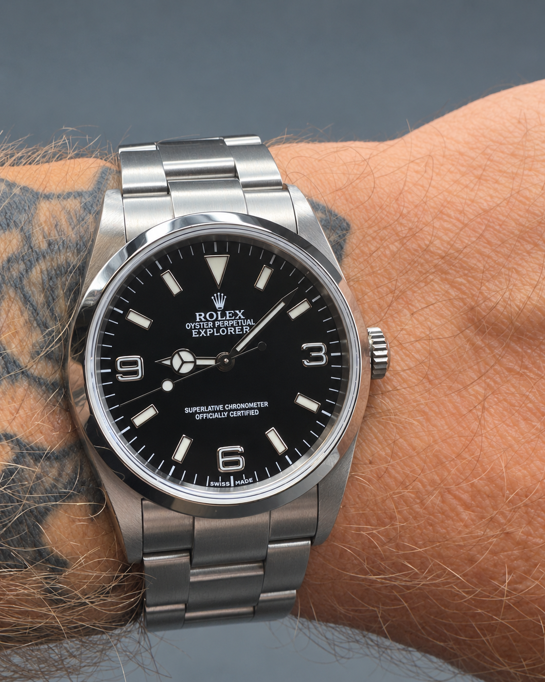 Rolex Explorer 114270 with black dial and stainless steel Oyster bracelet
