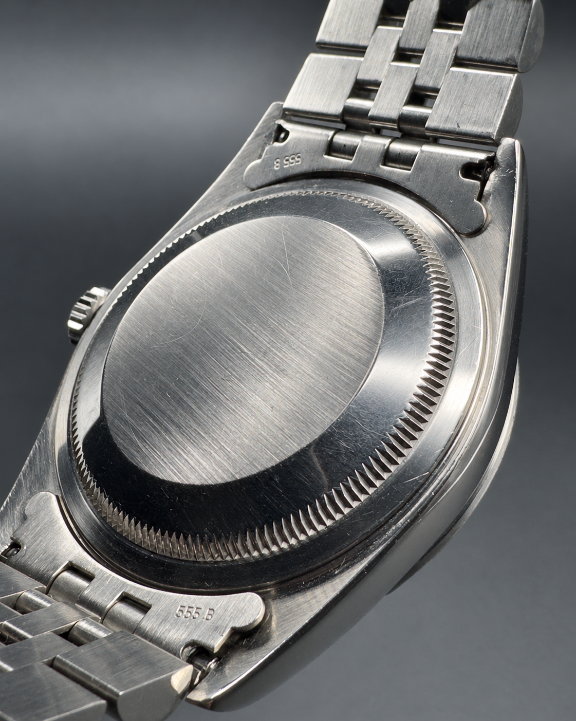 Stainless steel caseback and underside of the Jubilee bracelet on the Rolex Datejust 16220.