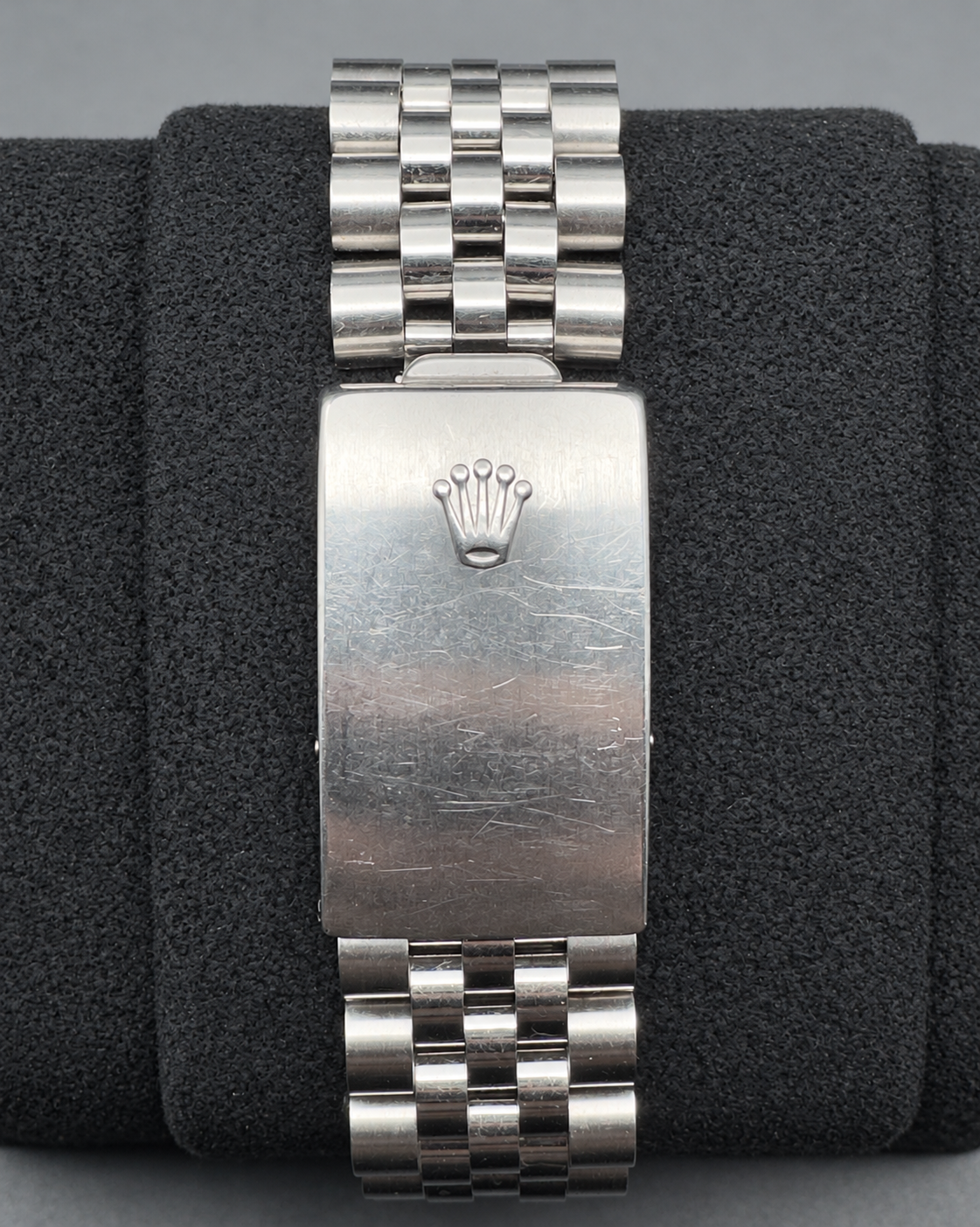 Closed Jubilee bracelet clasp on the Rolex Datejust 16220, with embossed Rolex crown.